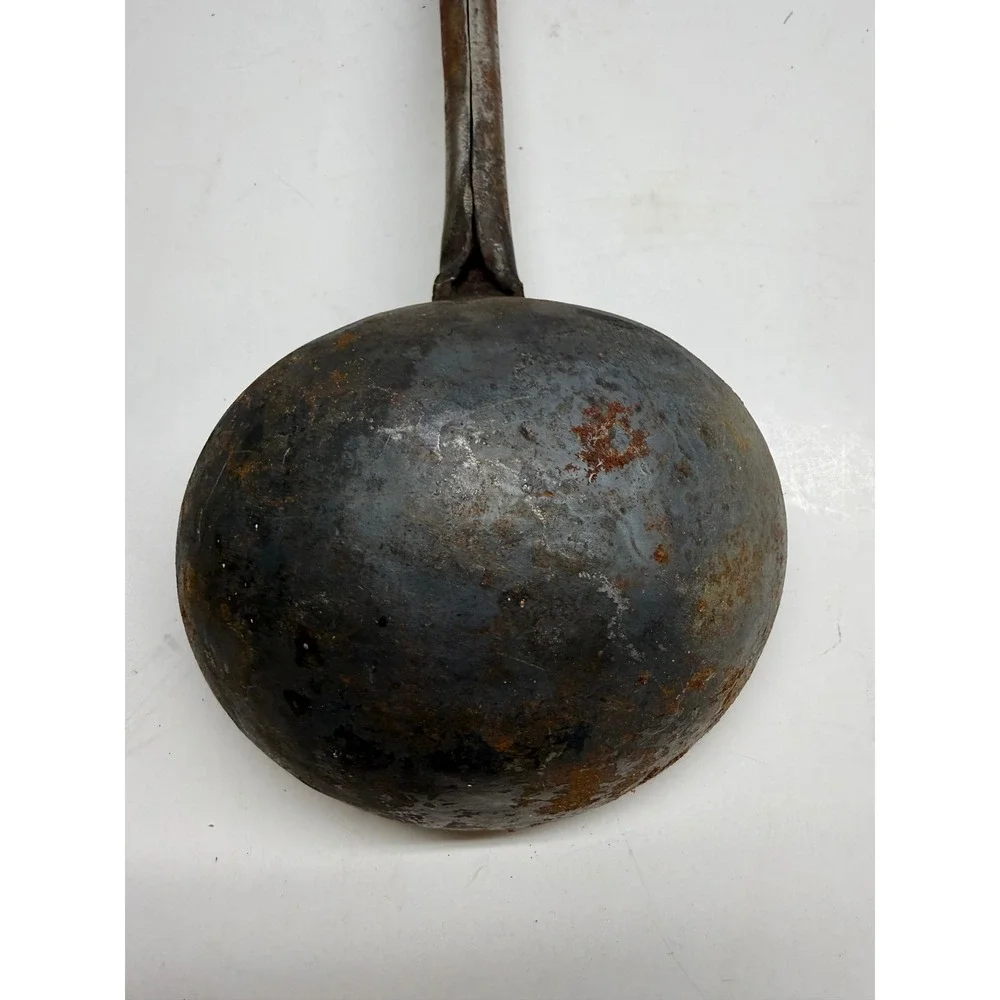 Antique Hand Forged Carbon Steel Wok Spatula and Ladle Set Wooden Handle Rustic